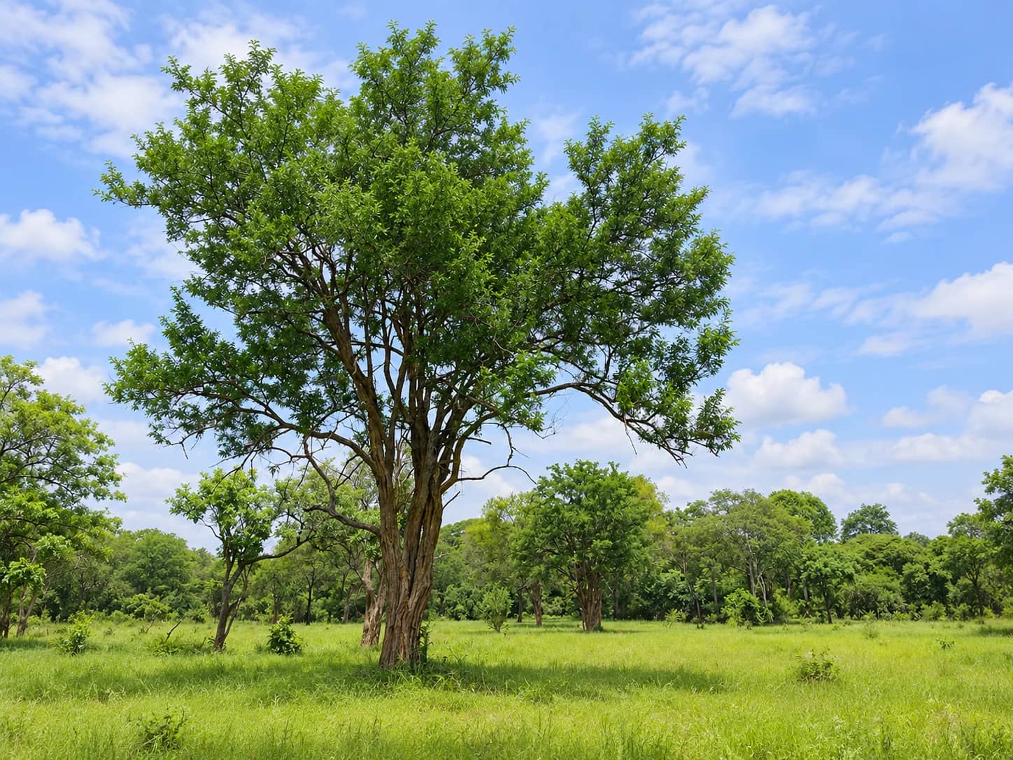 A broad-crowned tree in full leaf, standing in open green parkland